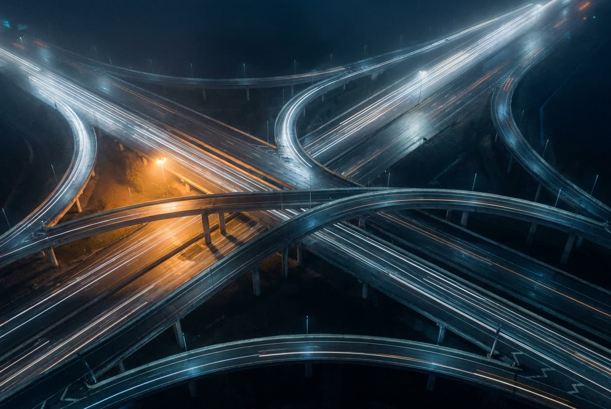 Elevated interstate interchange at night, traffic tracing light trails